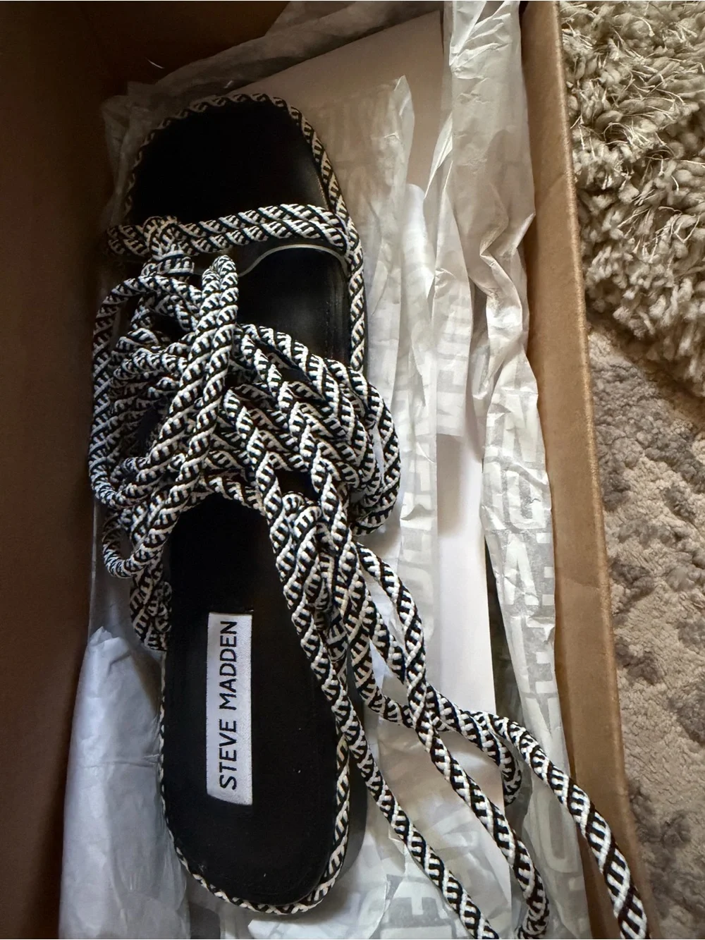Steve Madden Black and White Braided Lace-Up Sandal